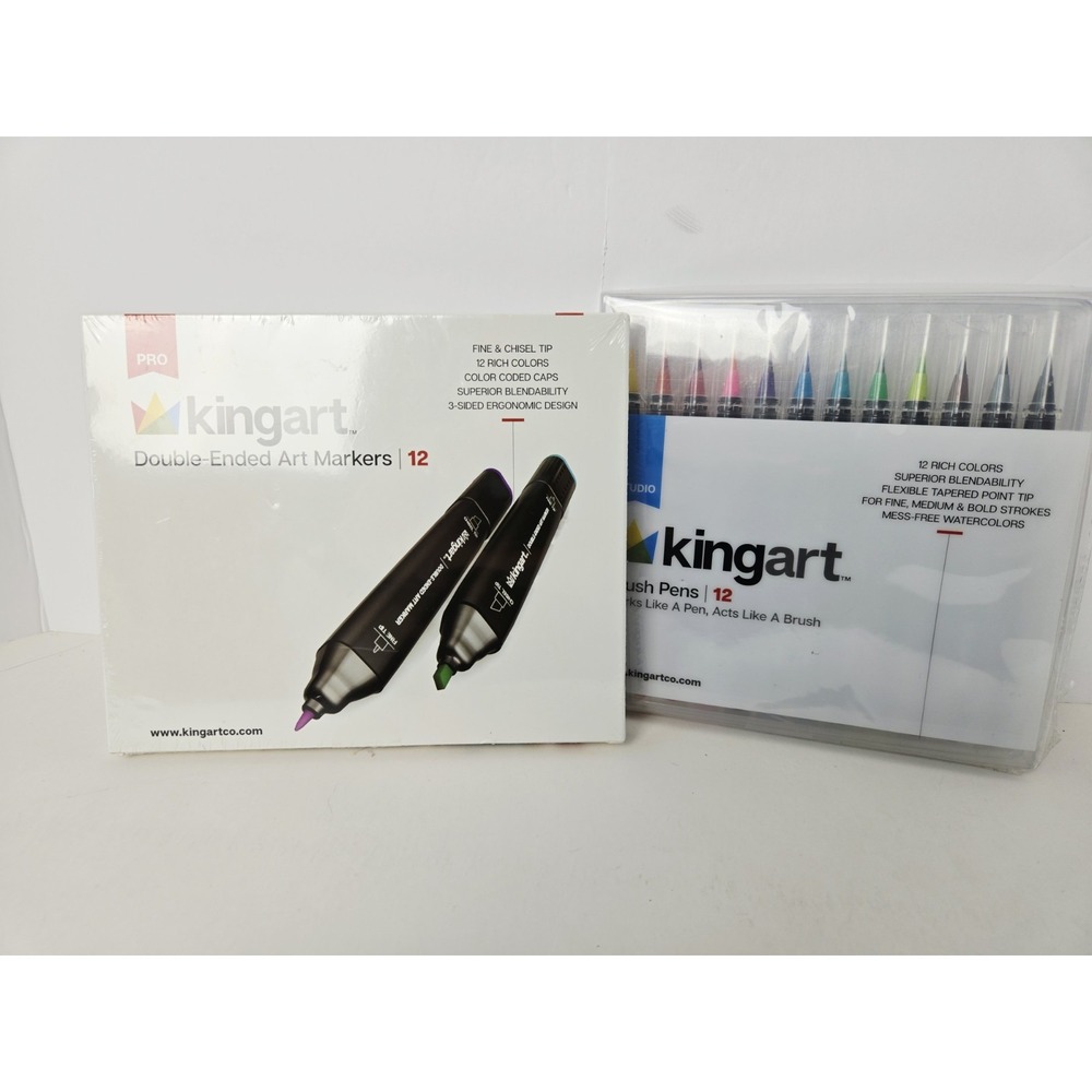 Kingart Double Ended Art Markers set of 12 NEW Pro + Brush Pens